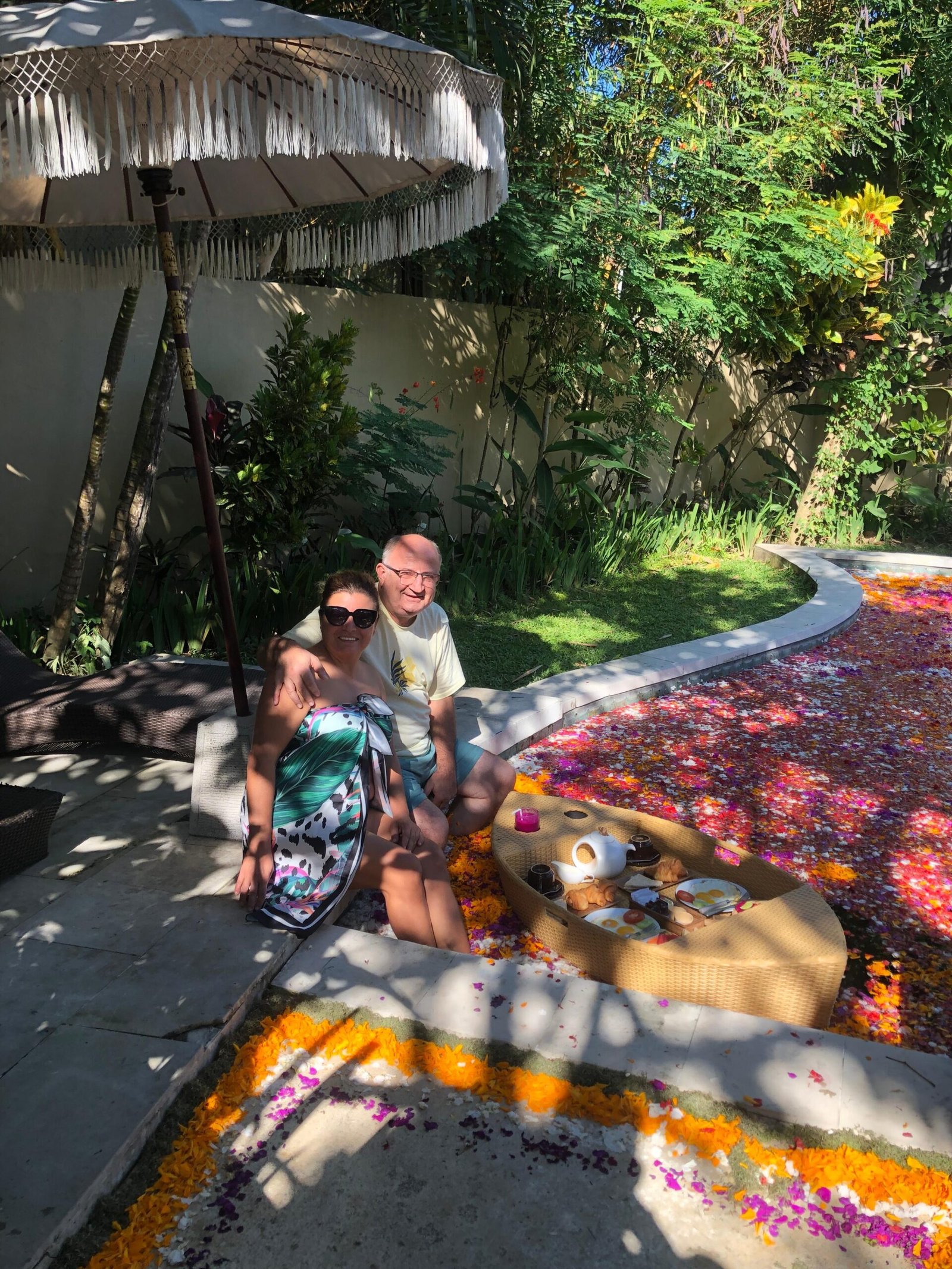 Relaxing in a floral garden setting.
