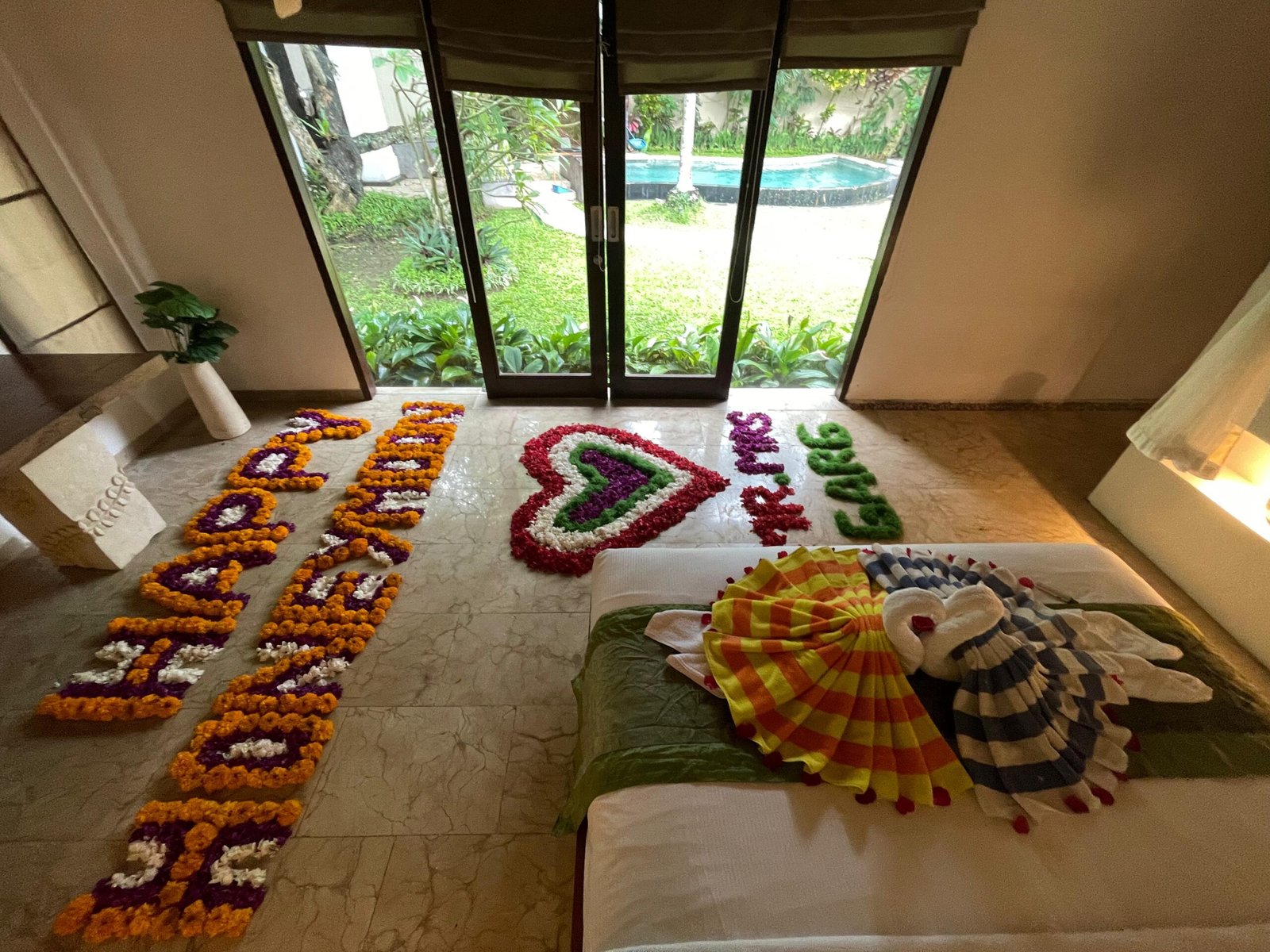 Elegant room with floral decorations.