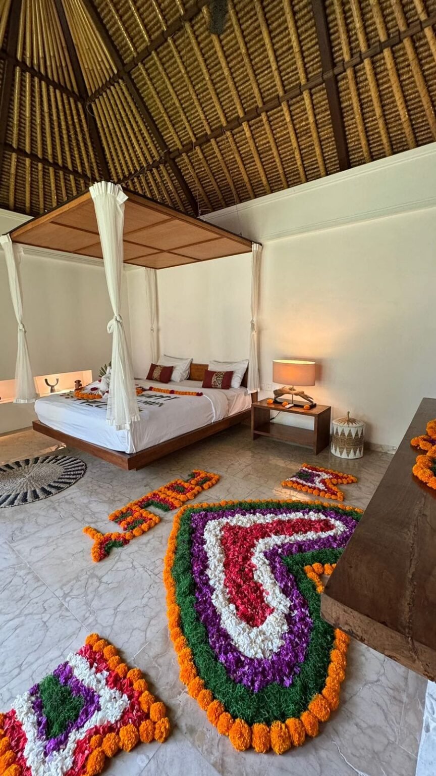 Elegant room with floral decorations.