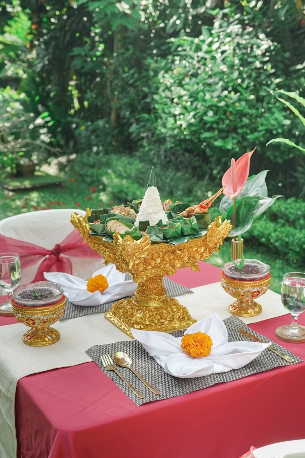 Elegant table setting with decorative centerpiece for romantic dinner called serenade by the stars